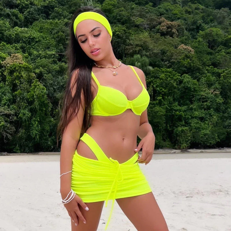 Conjunto Kit Saia Top Meia Taça Calcinha Asa Delta Ibiza Biquini Feminino Com Bojo Removivel Verão