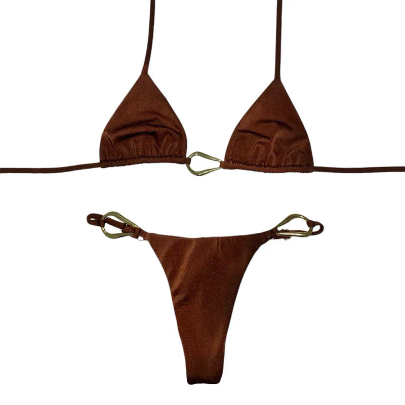 Biquini Luxo Nusa Cortininha Cintilante Metais Dourados Calcinha Regulagem Bojo