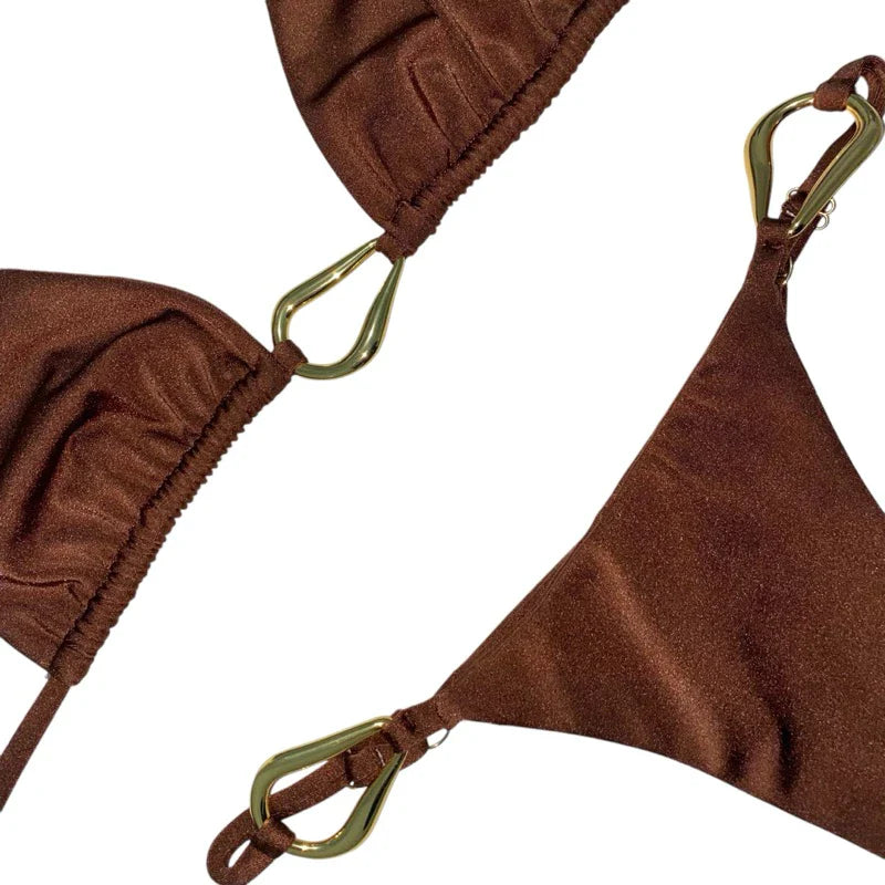 Biquini Luxo Nusa Cortininha Cintilante Metais Dourados Calcinha Regulagem Bojo