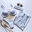 Conjunto Kit Saia Top Meia Taça Calcinha Asa Delta Ibiza Biquini Feminino Com Bojo Removivel Verão