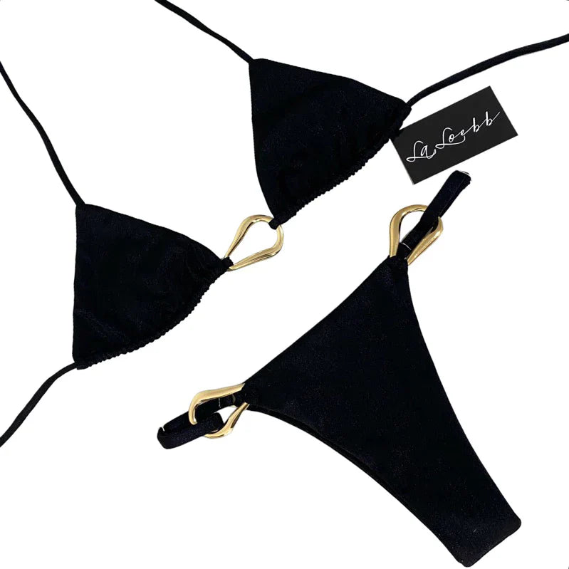 Biquini Luxo Nusa Cortininha Cintilante Metais Dourados Calcinha Regulagem Bojo