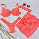 Conjunto Kit Saia Top Meia Taça Calcinha Asa Delta Ibiza Biquini Feminino Com Bojo Removivel Verão
