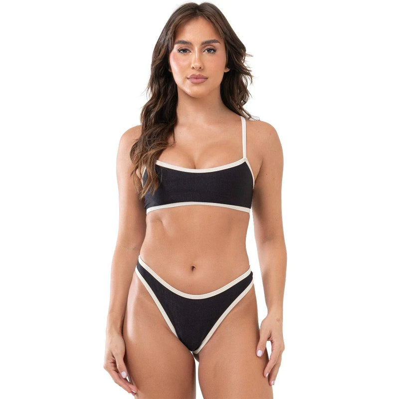 Bo.You Biquíni Canelado Bicolor Feminino Top Cropped e Tanga Fio Asa Delta Forrado Lycra 340