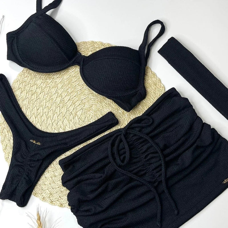 Conjunto Kit Saia Top Meia Taça Calcinha Asa Delta Ibiza Biquini Feminino Com Bojo Removivel Verão