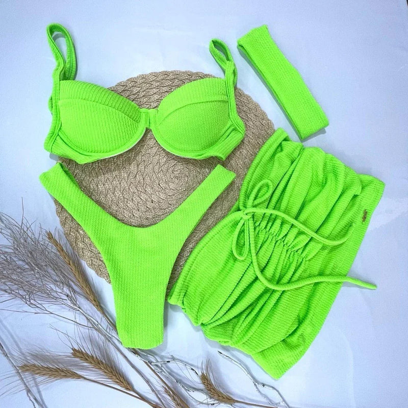 Conjunto Kit Saia Top Meia Taça Calcinha Asa Delta Ibiza Biquini Feminino Com Bojo Removivel Verão